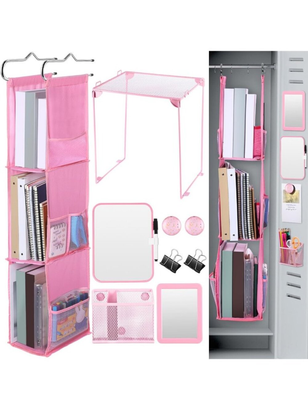 9-Piece Pink Locker Organizer Set with Accessories - Stylish Storage Solution